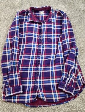 LL Bean Women's Plaid Flannel Shirt Size Large Purple Blue